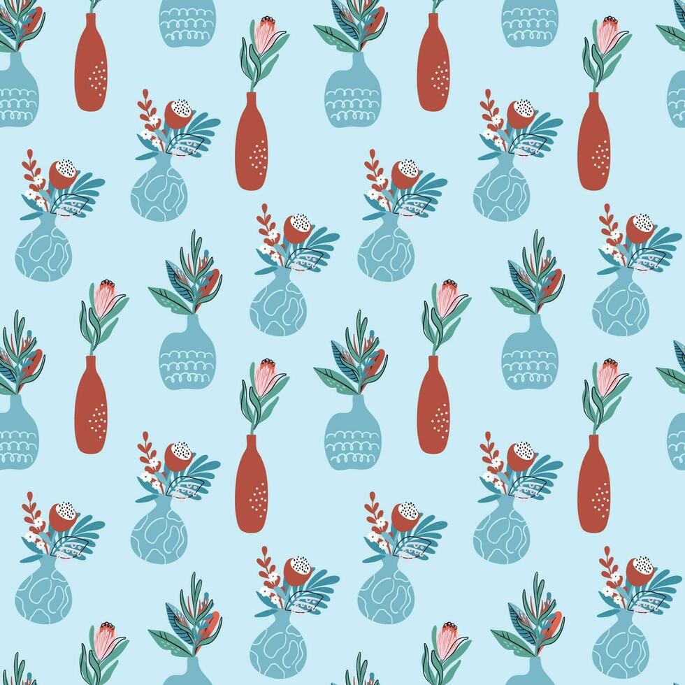 Seamless pattern with flower bouquets. Tropical plants and flowers in vases. Boho botanical print. Floral background. Hand drawn vector illustration.