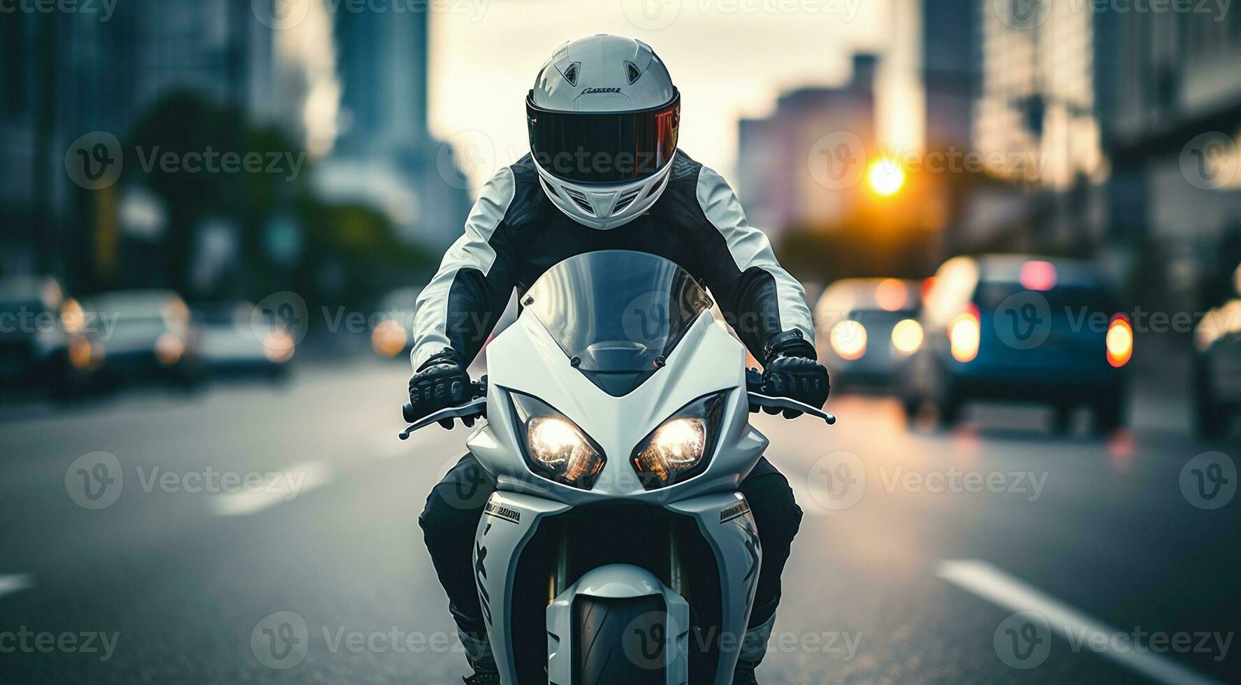 AI generated close-up of biker on the street, motorcycle on the street, cyclist with helmet photo