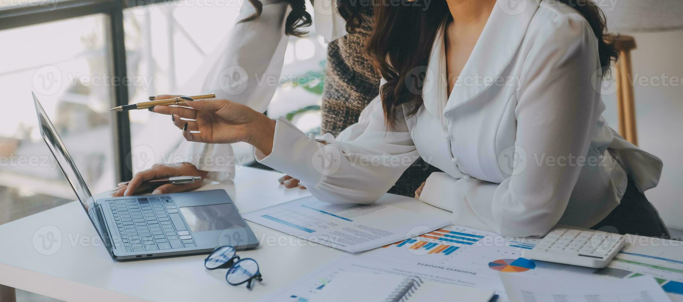 Business team collaboration discussing working analyzing with financial data and marketing growth report graph in team, presentation and brainstorming to strategy planning making profit of company. photo