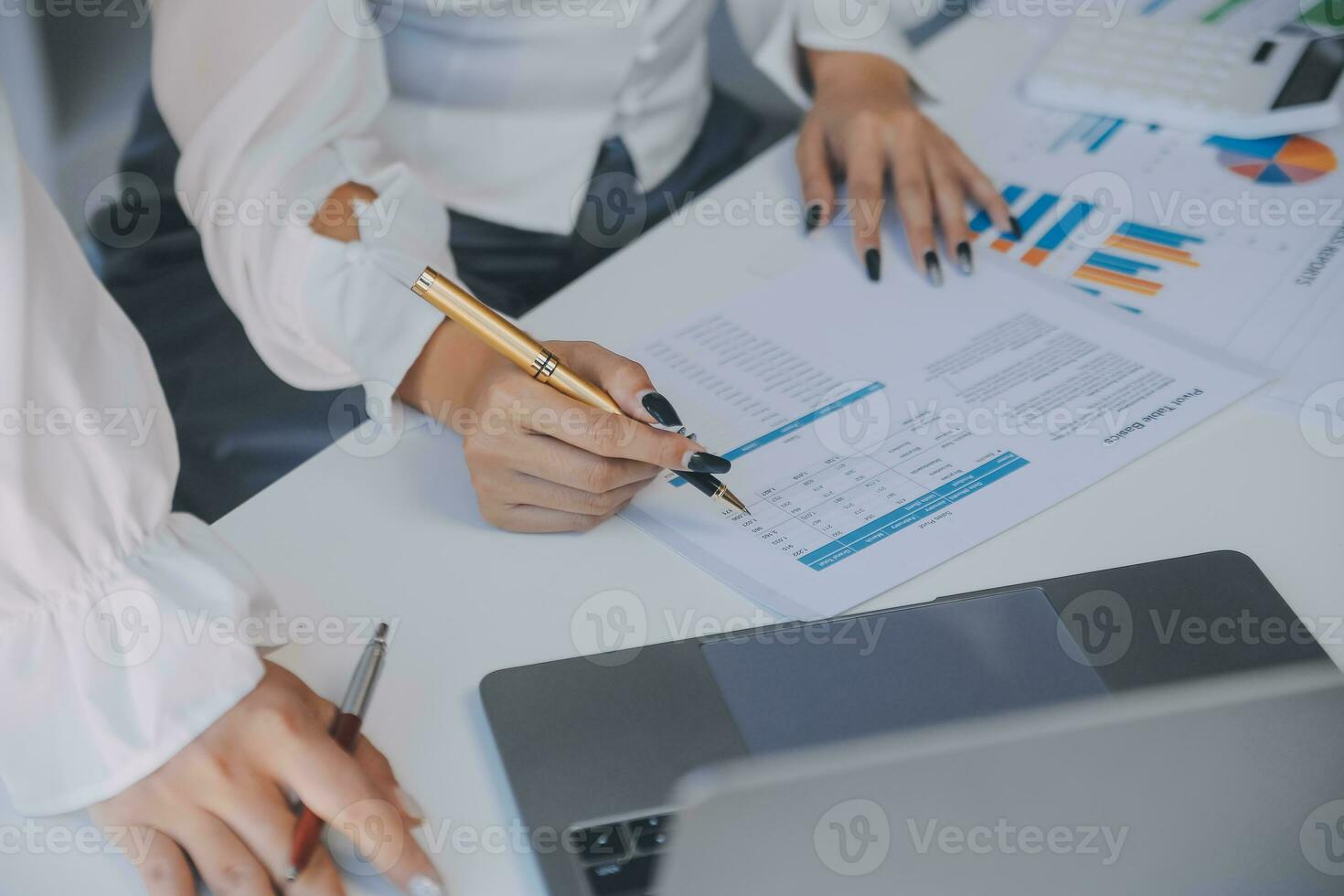 Business team collaboration discussing working analyzing with financial data and marketing growth report graph in team, presentation and brainstorming to strategy planning making profit of company. photo