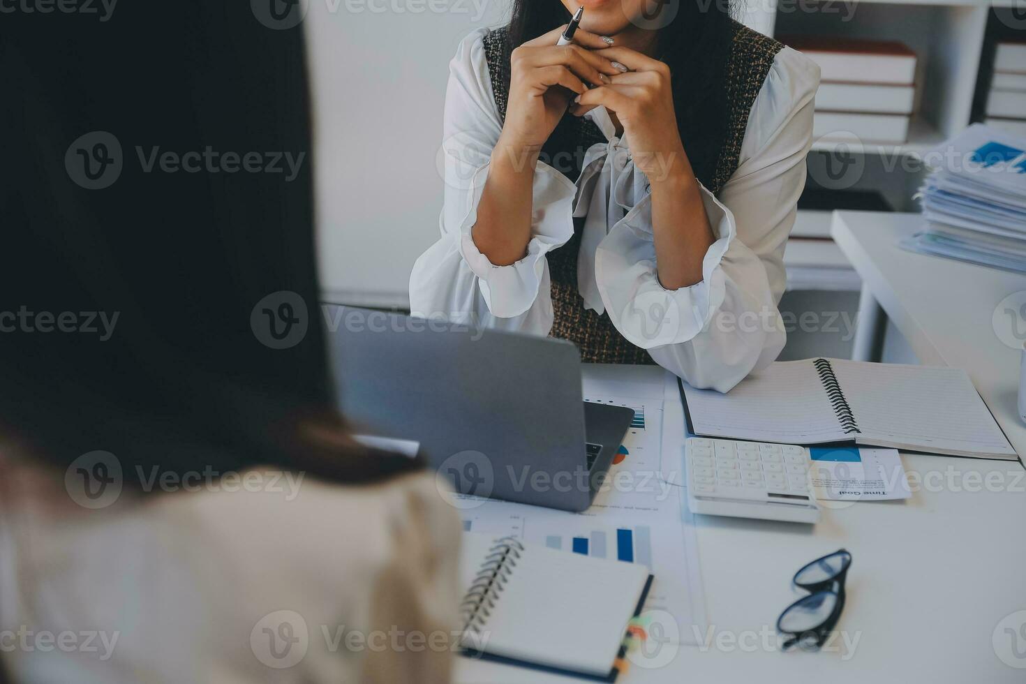 Business team collaboration discussing working analyzing with financial data and marketing growth report graph in team, presentation and brainstorming to strategy planning making profit of company. photo
