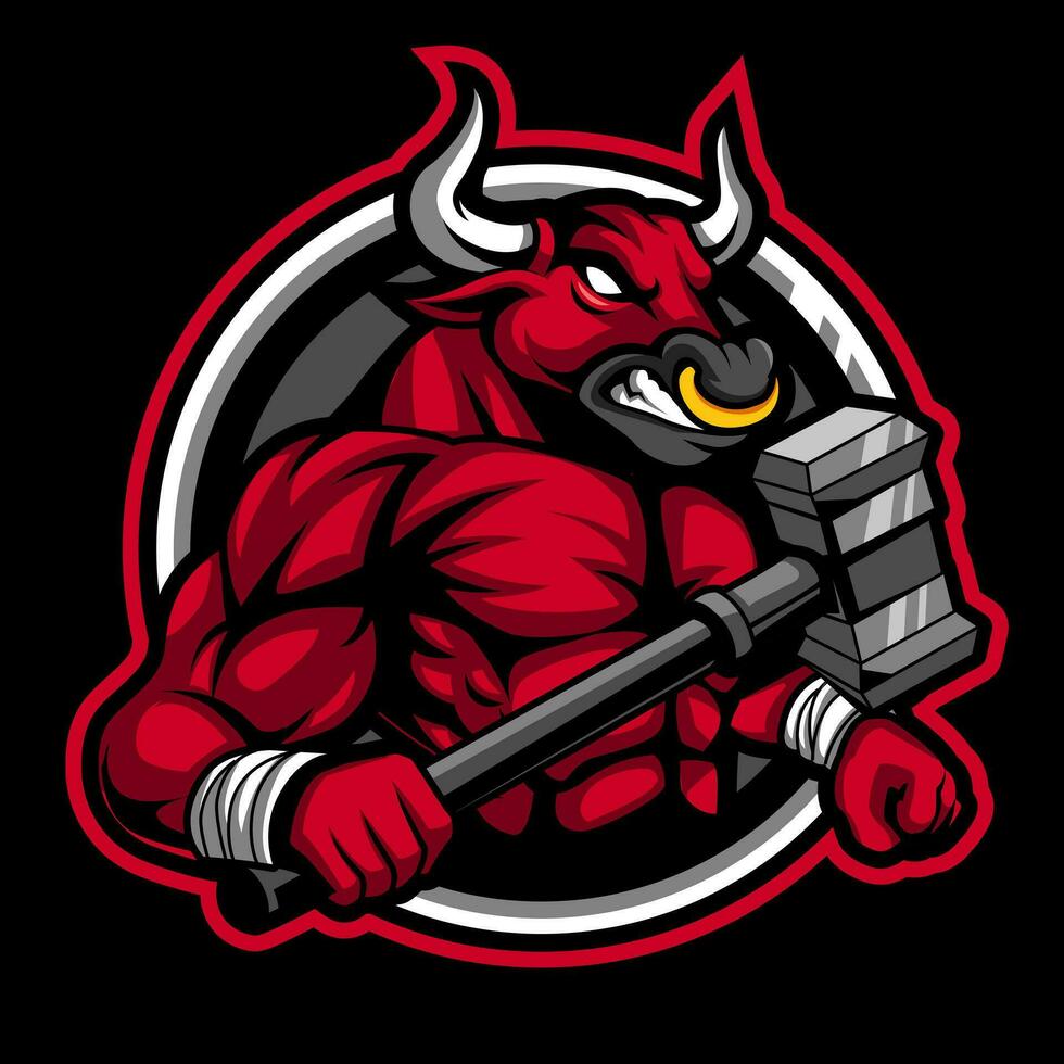 angry bull mascot with hammer weapon vector