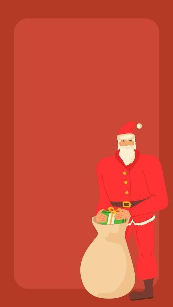 Red social media stories background template with Santa Claus holding gift vector