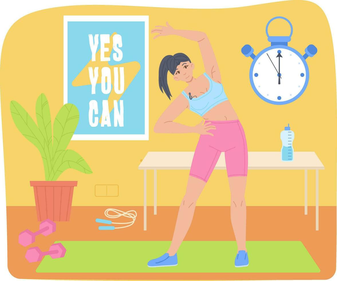 Fitness blogger do workout on camera in home studio background. vector