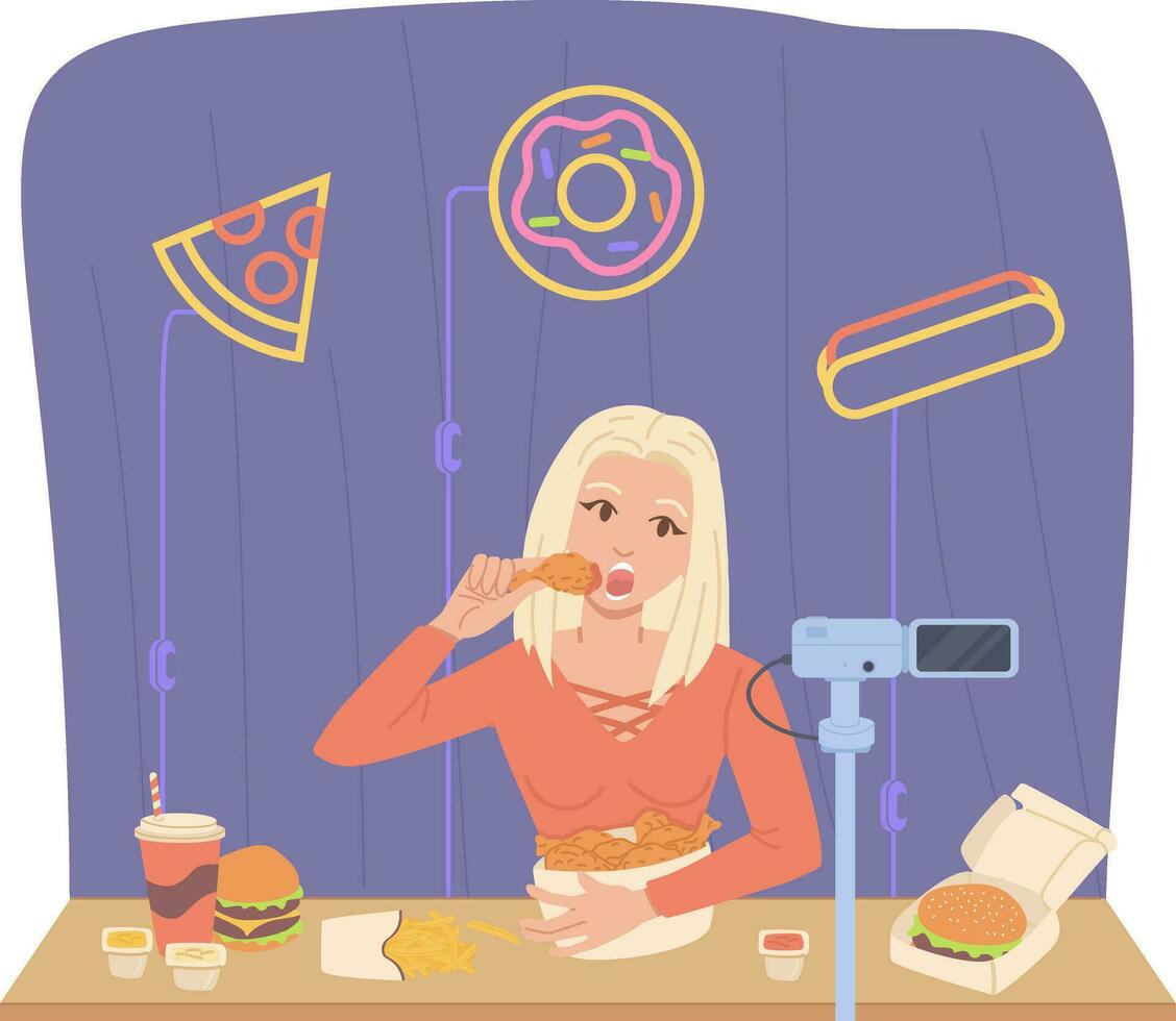 Mukbang blogger concept. Girl eating food on camera at home office background. vector
