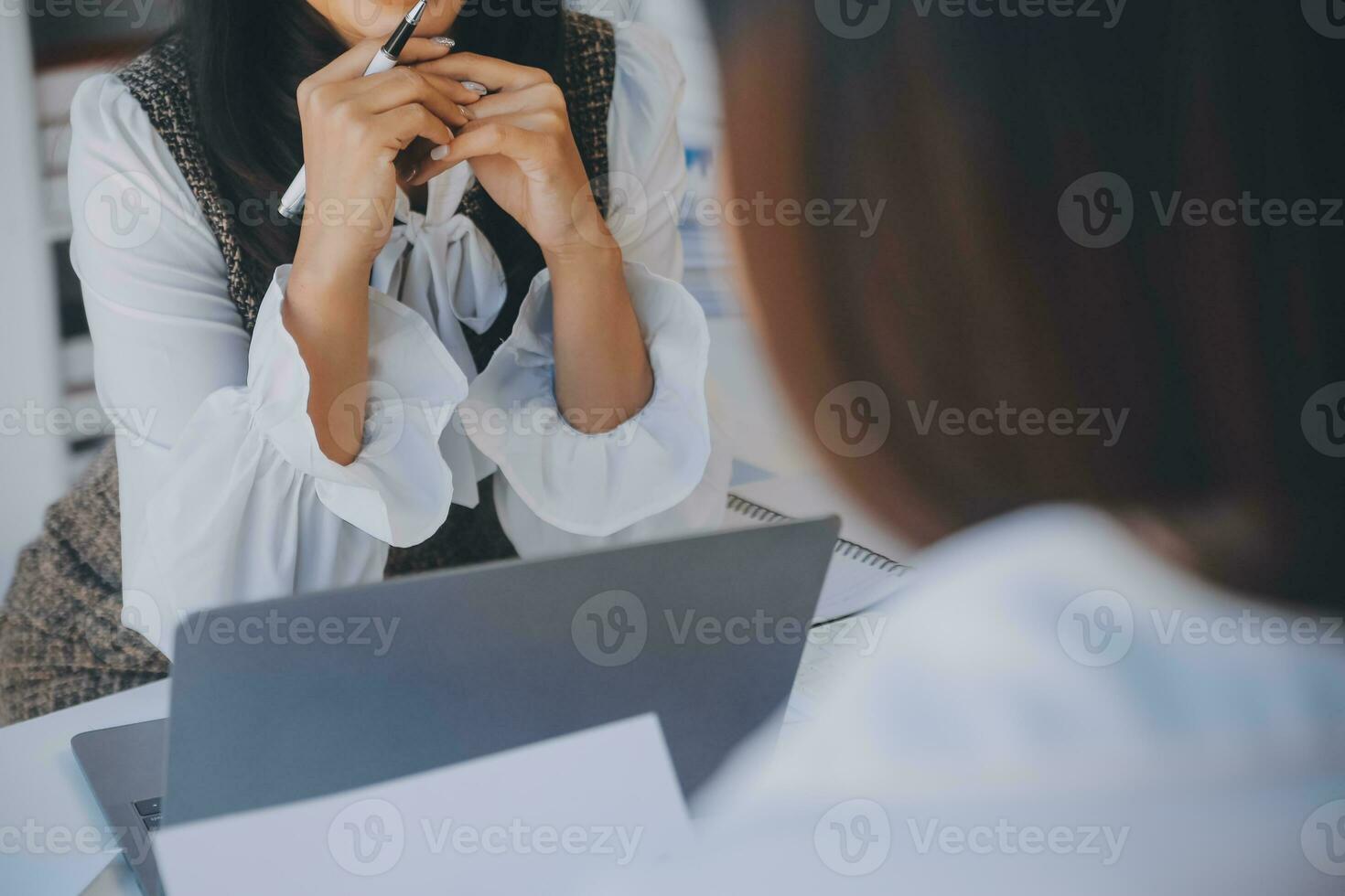 Business team collaboration discussing working analyzing with financial data and marketing growth report graph in team, presentation and brainstorming to strategy planning making profit of company. photo