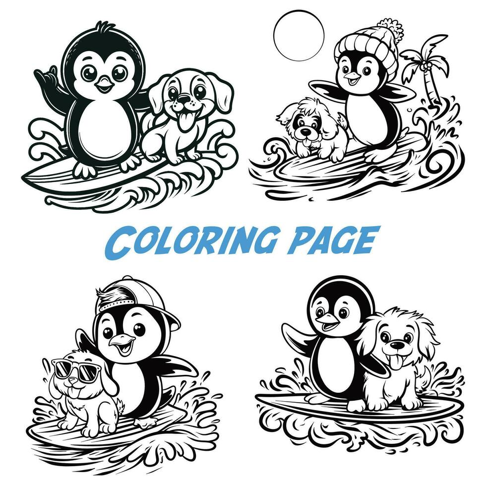 set of penguin and dog surfing. coloring page vector