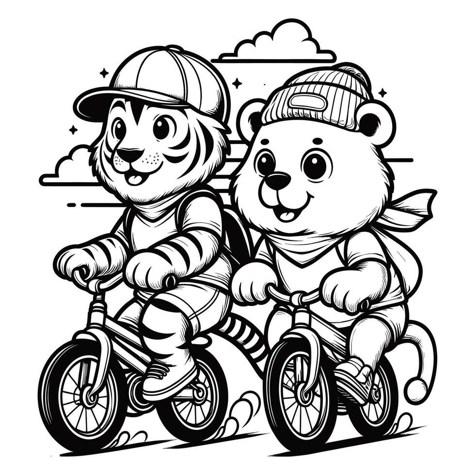 colorante página contorno de Tigre y oso montando un bicicleta. carreras dibujos animados ilustración. vector