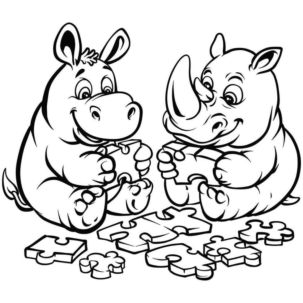 coloring pages of rhino and hippo playing puzzle vector