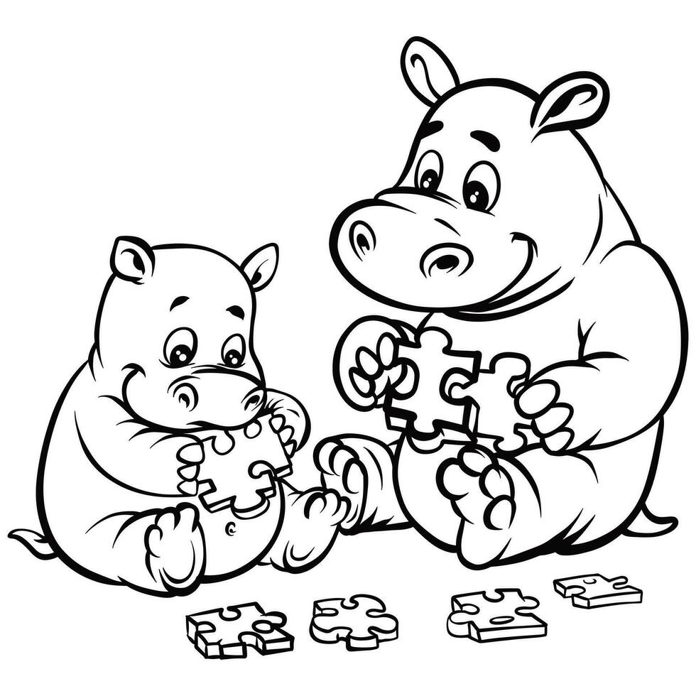coloring pages of rhino and hippo playing puzzle vector