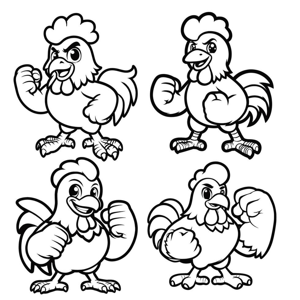 Coloring page outline of cartoon smiling cute rooster and chicken . Colorful vector illustration. mascot vector