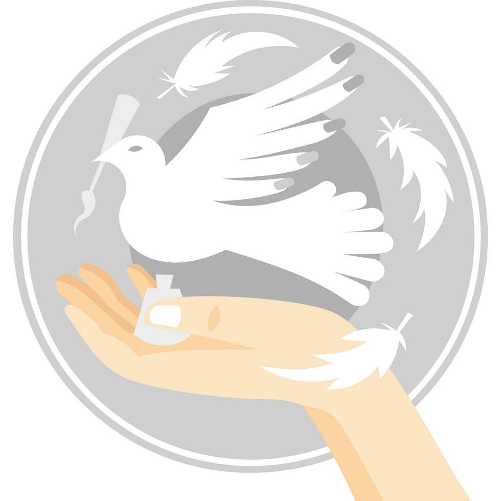 Manicure logo for nail art salon vector image. Hand with white polish bottle and white dove above that holding nail polish brush on grey circle background with white feathers around
