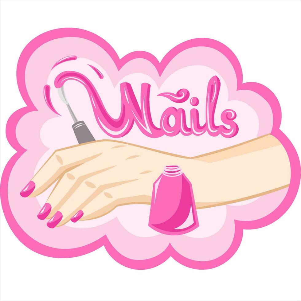 Manicure logo for nail art salon vector image. Manicured female hand holding nail polish brush with polish liquid that writes nails signature in air pink polish bottle on pink cloud background