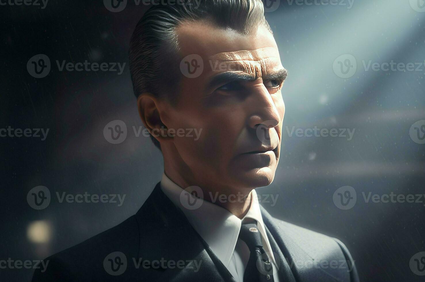 AI generated Confident man wearing suit sun beams portrait. Generate ai photo