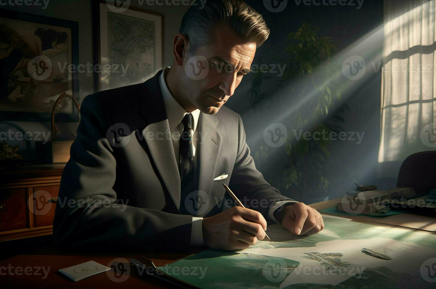 AI generated Man in suit writing at the table. Generate ai photo