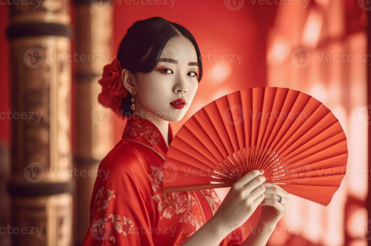 ai generado chino niña en tradicional rojo kimono sostiene admirador. generar ai foto