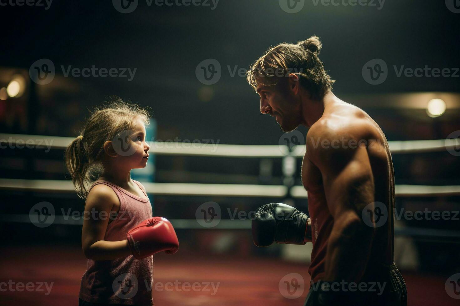 AI generated Little girl training with coach in boxing ring in evening. Generate Ai photo