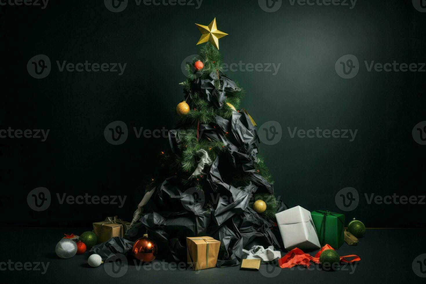 AI generated Christmas tree made from trash decorative stuff. Generate ai photo