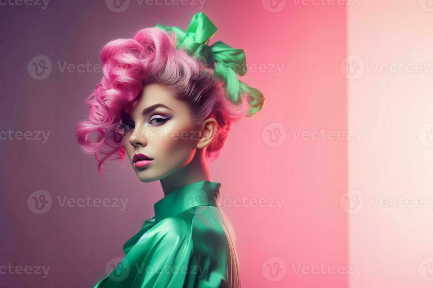 AI generated Cute woman with fashion pink hairstyle with green ribbon. Generate ai photo