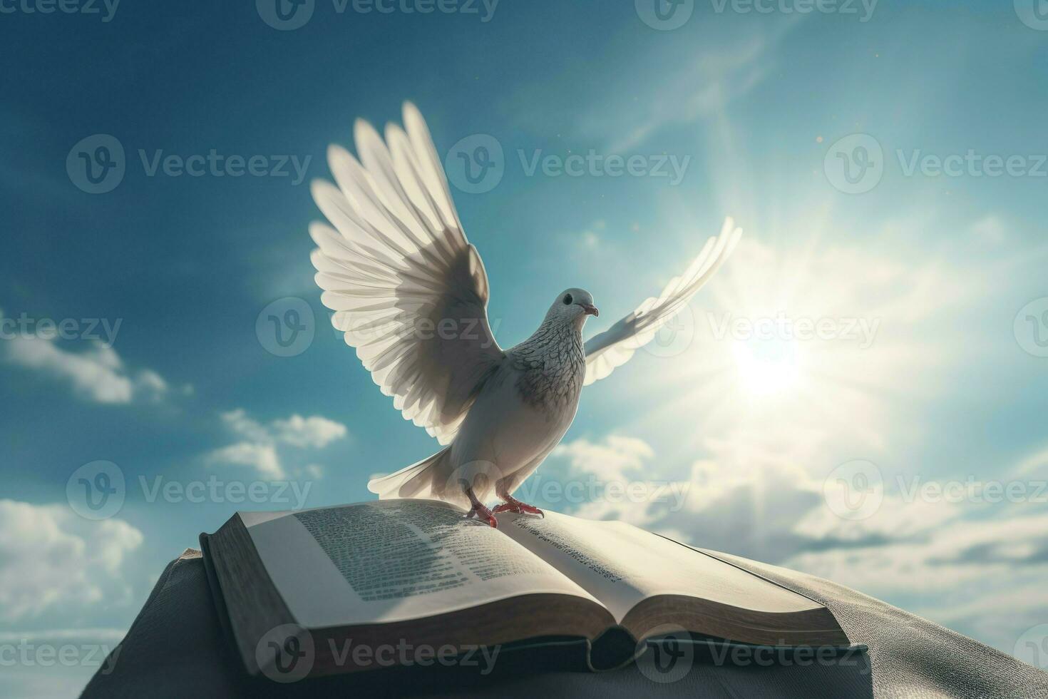 AI generated Dove on open bible book with blue sunny sky view. Generate ai photo