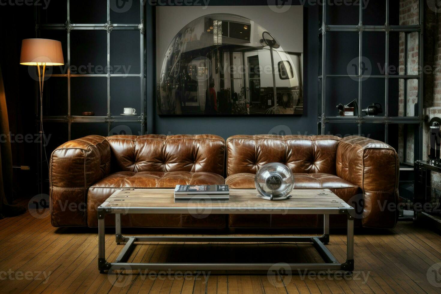 AI generated Spacious Living room industrial style. Generate Ai photo