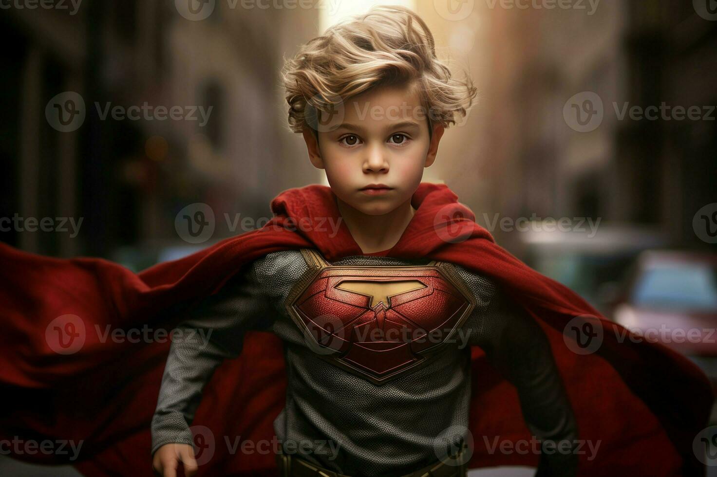 AI generated Little boy superhero strong. Generate Ai photo