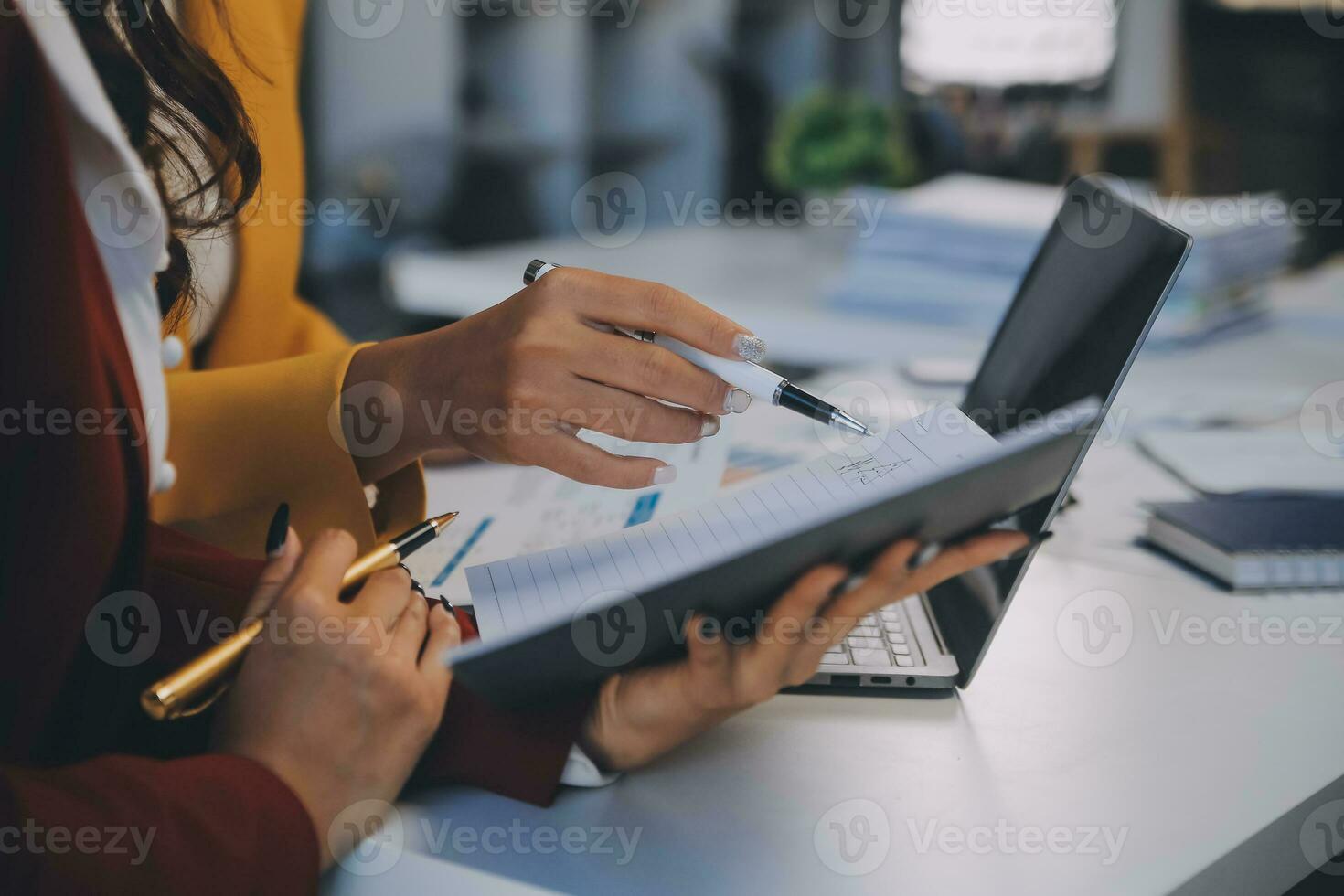 Co working conference, Business team meeting present, investor executive colleagues discussing new plan financial graph data on outdoors office table with laptop and tablet, Finance, accounting photo