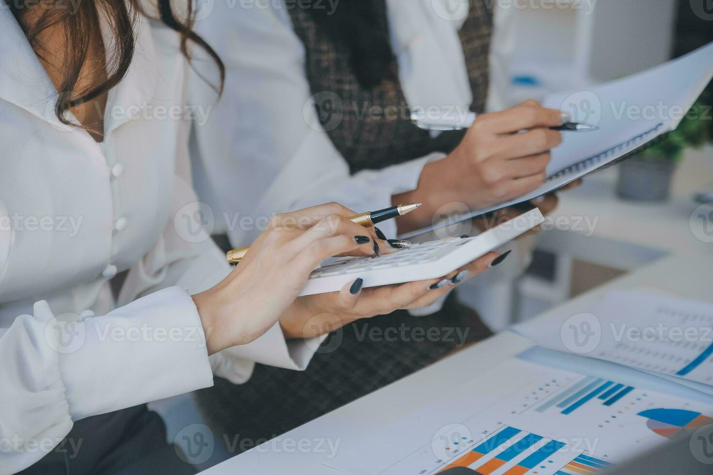 Business team collaboration discussing working analyzing with financial data and marketing growth report graph in team, presentation and brainstorming to strategy planning making profit of company. photo