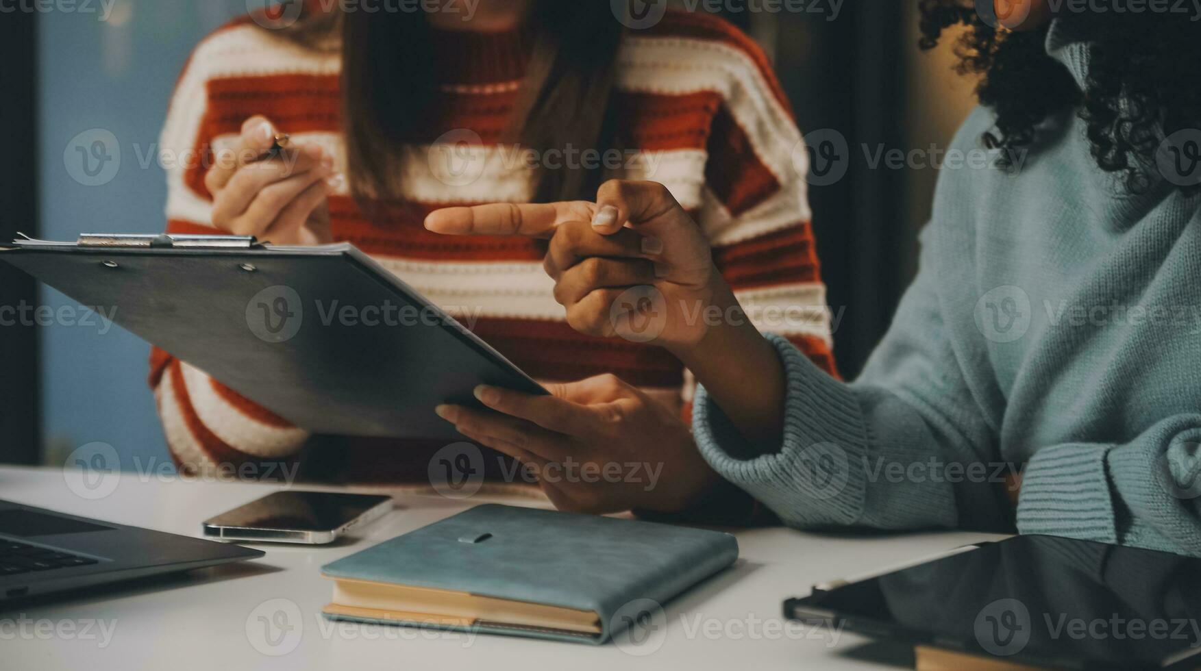 Finance manager meeting discussing company growth project success financial statistics, professional investor working start up project for strategy plan with document, laptop and digital tablet. photo