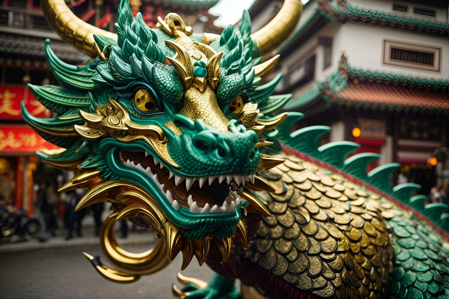 AI generated a close up of a dragon statue on a city street a digital painting photo