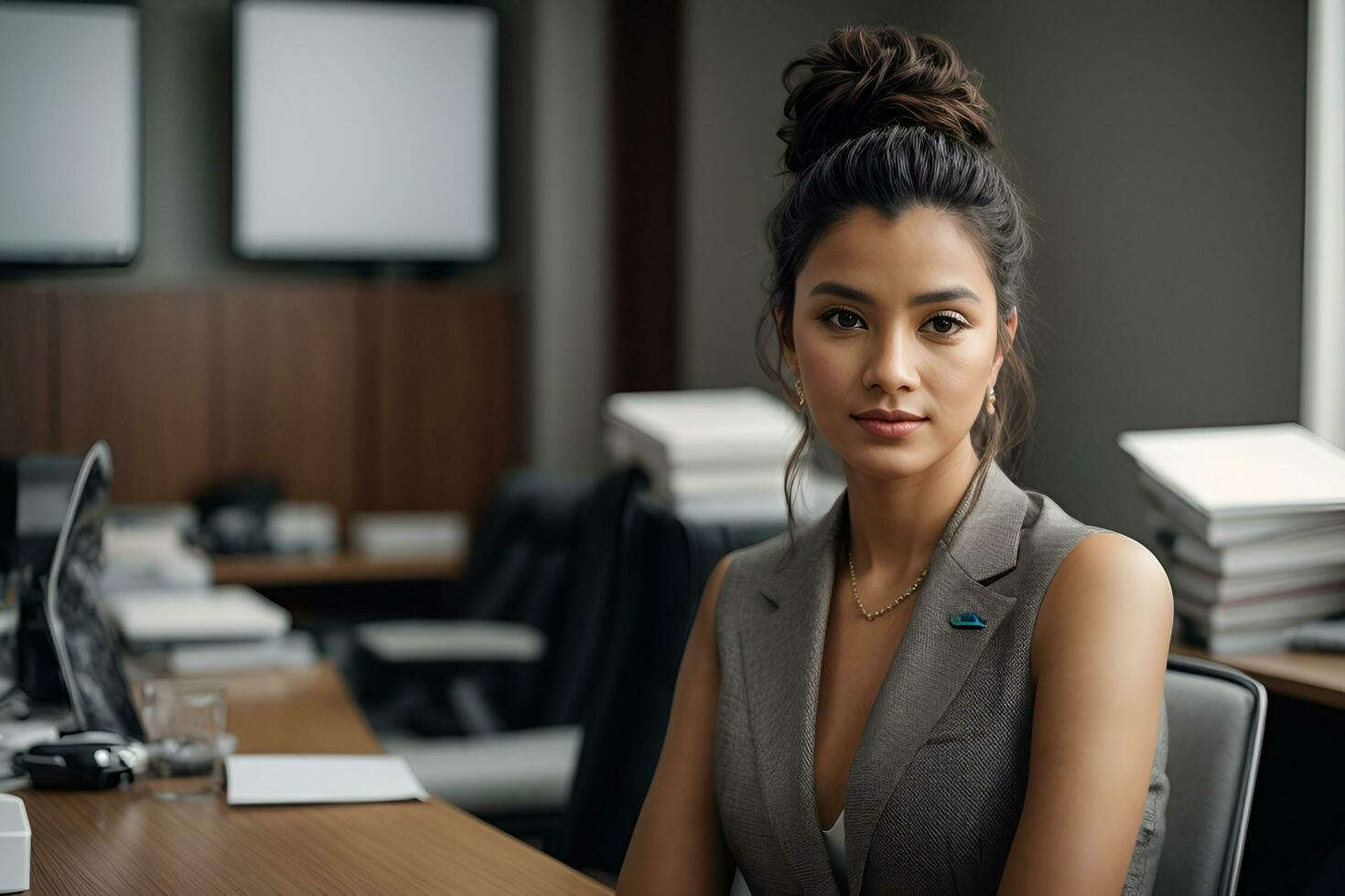 AI generated Portrait of young businesswoman sitting in the office photo