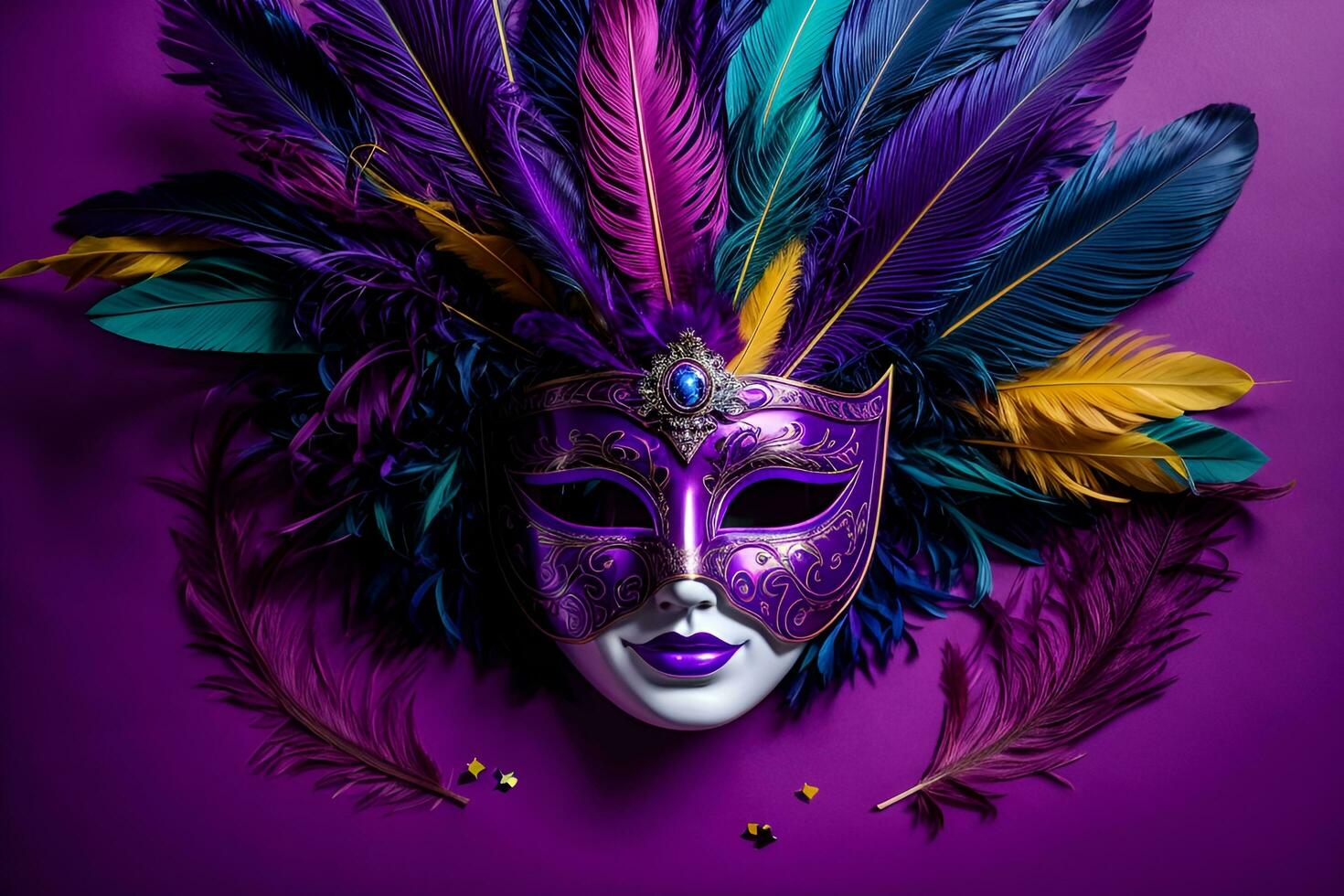 AI generated a carnival mask with feathers on a purple background photo