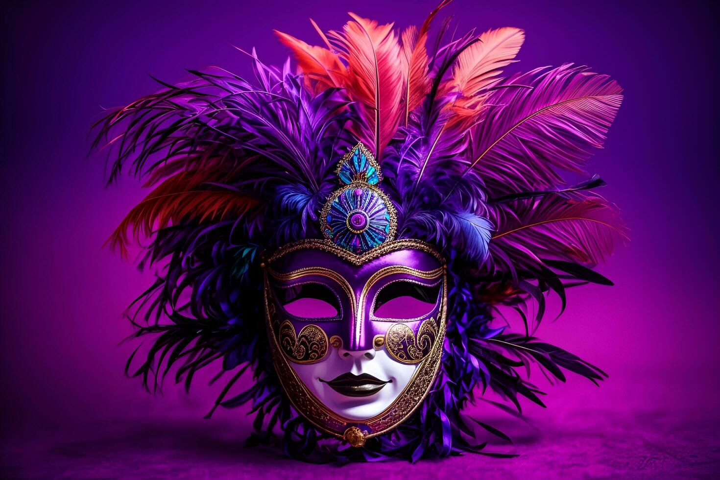 ai generado un carnaval máscara con plumas en un púrpura antecedentes foto