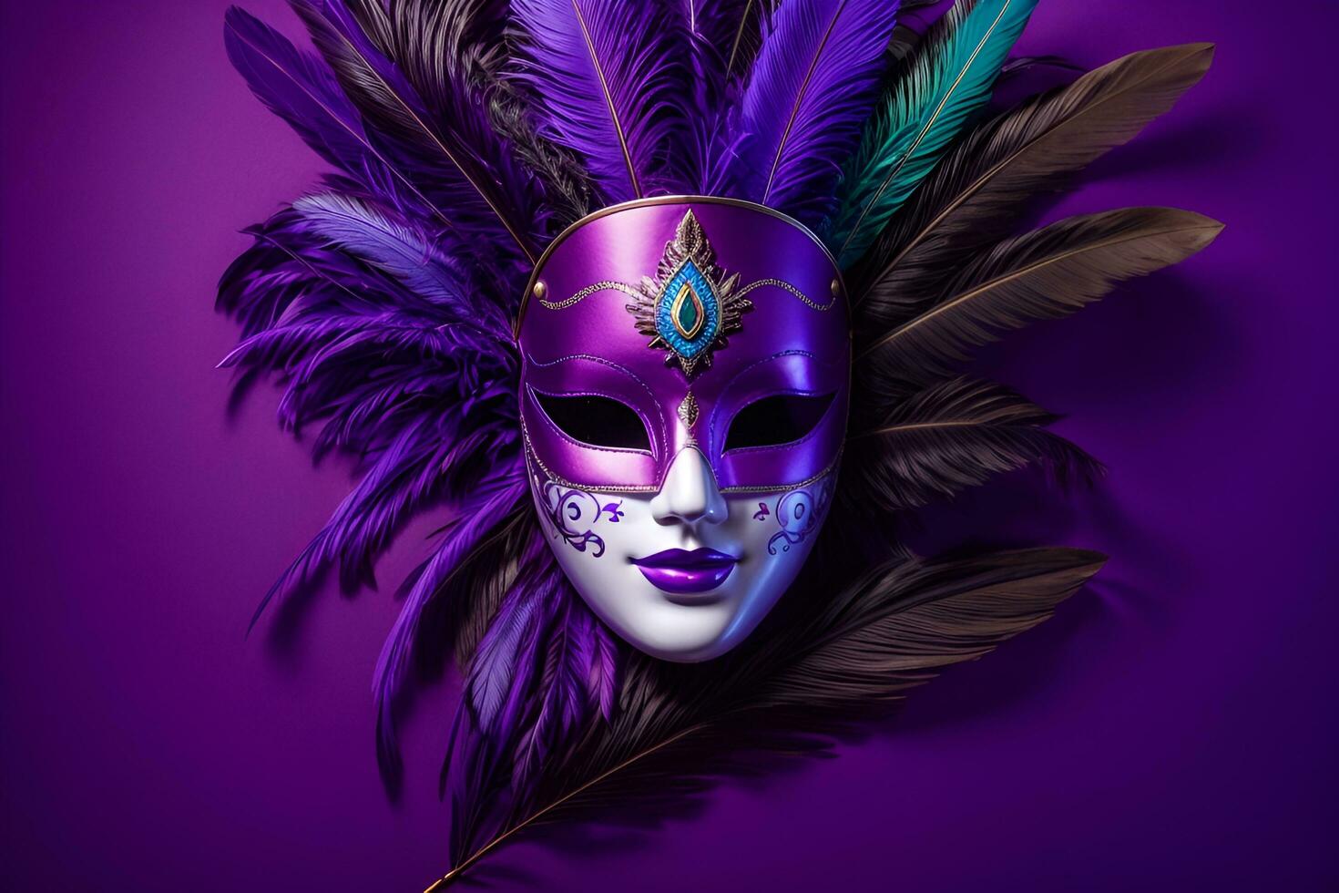 AI generated a carnival mask with feathers on a purple background photo