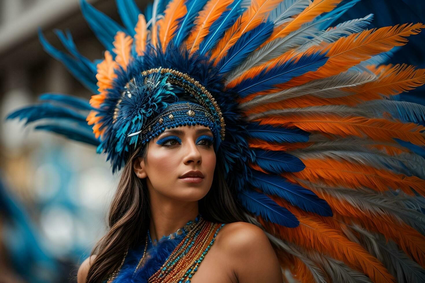 AI generated a woman in a costume with feathers on her head, pixels, strong blue and orange colors photo