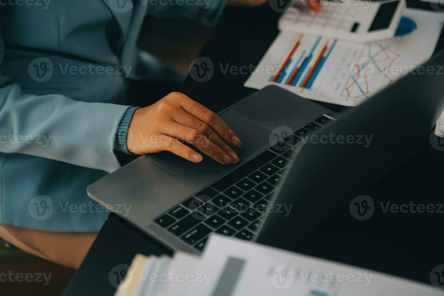 Financial Business team present. Business man hands hold documents with financial statistic stock photo, discussion, and analysis report data the charts and graphs. Finance Financial concept photo