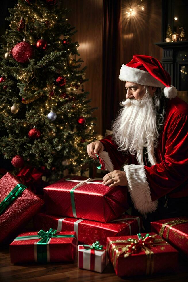 AI generated santa claus is opening a gift bag next to a christmas tree photo