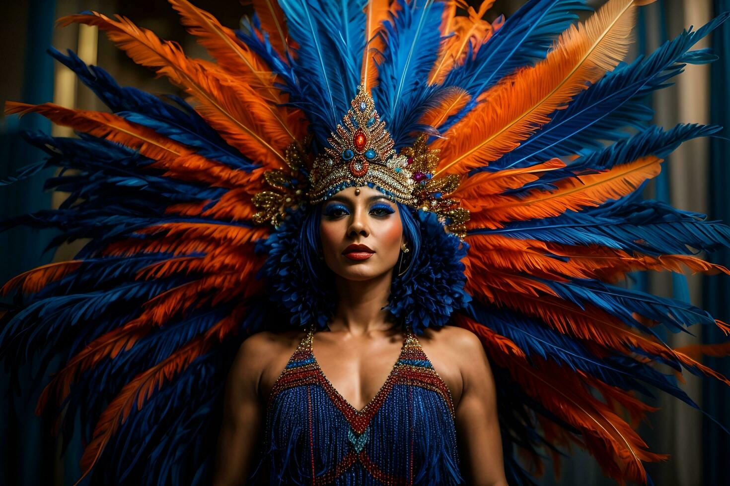 AI generated a woman in a costume with feathers on her head, pixels, strong blue and orange colors photo