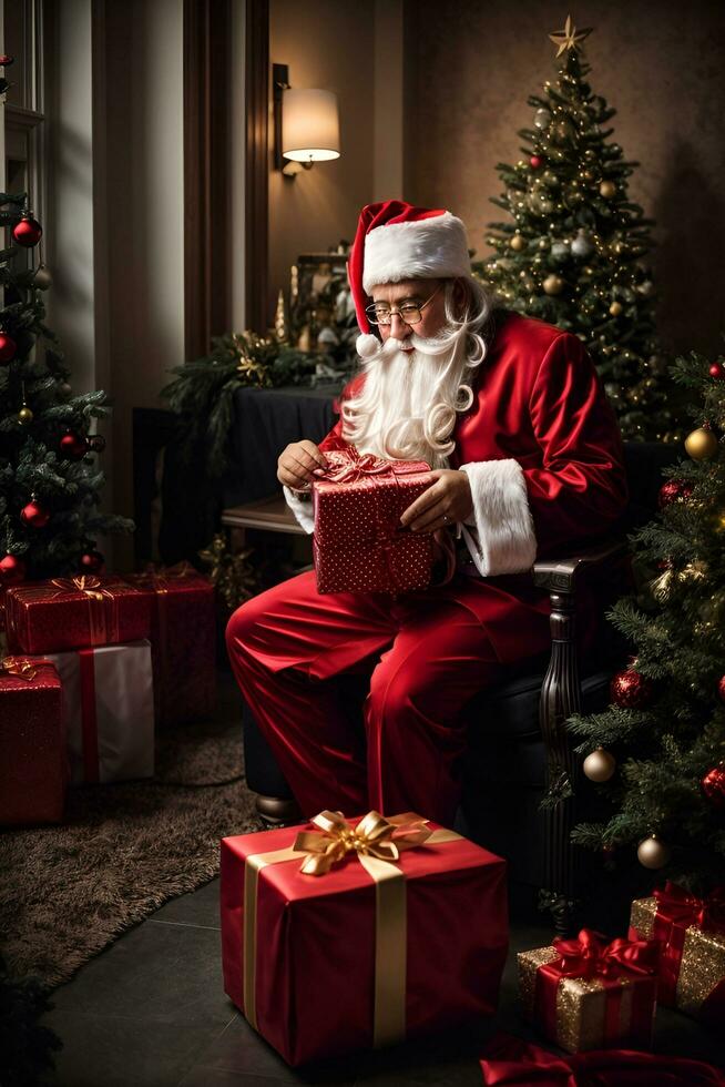 AI generated Hair style street fashion besanta claus is opening a gift bag next to a christmas tree photo
