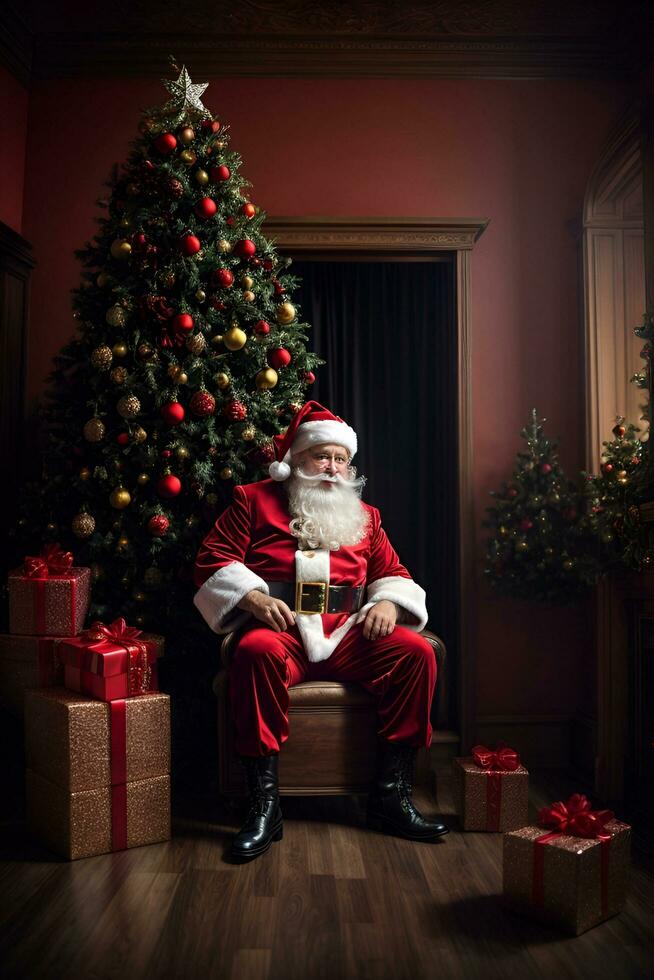 ai generado arafe vestido como Papa Noel claus que lleva un grande rojo bolsa, hogar fotografía retrato foto