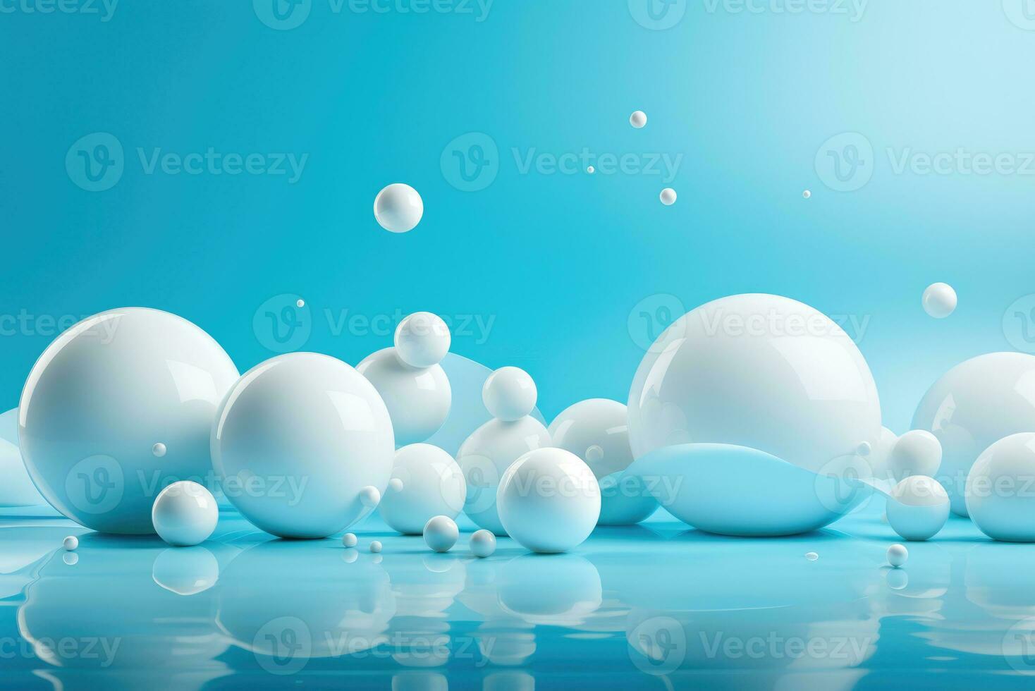 AI generated Abstract blue background with white spheres or balls on a glossy surface photo