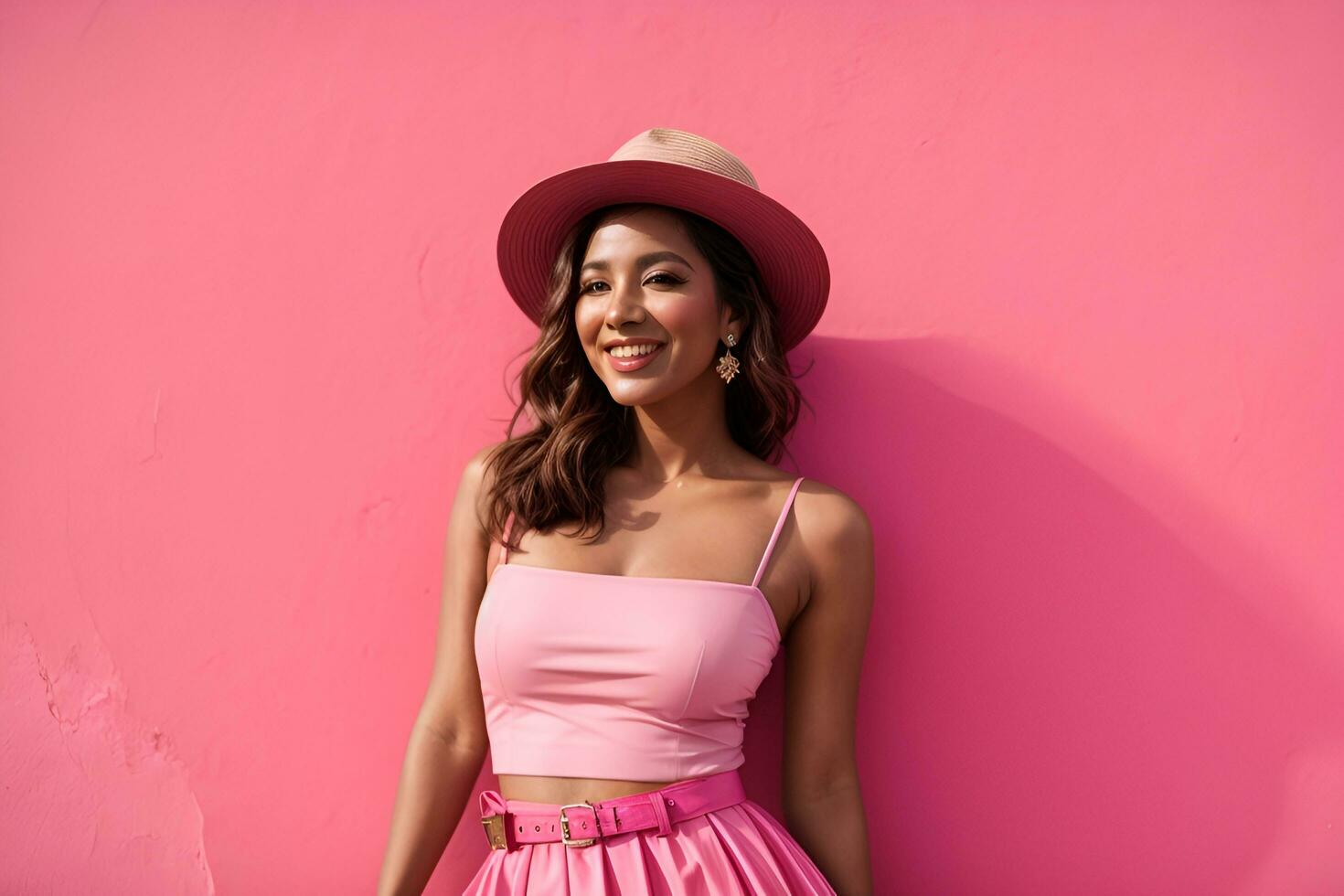 AI generated happy lady in stylish skirt and boater posing on pink wall photo