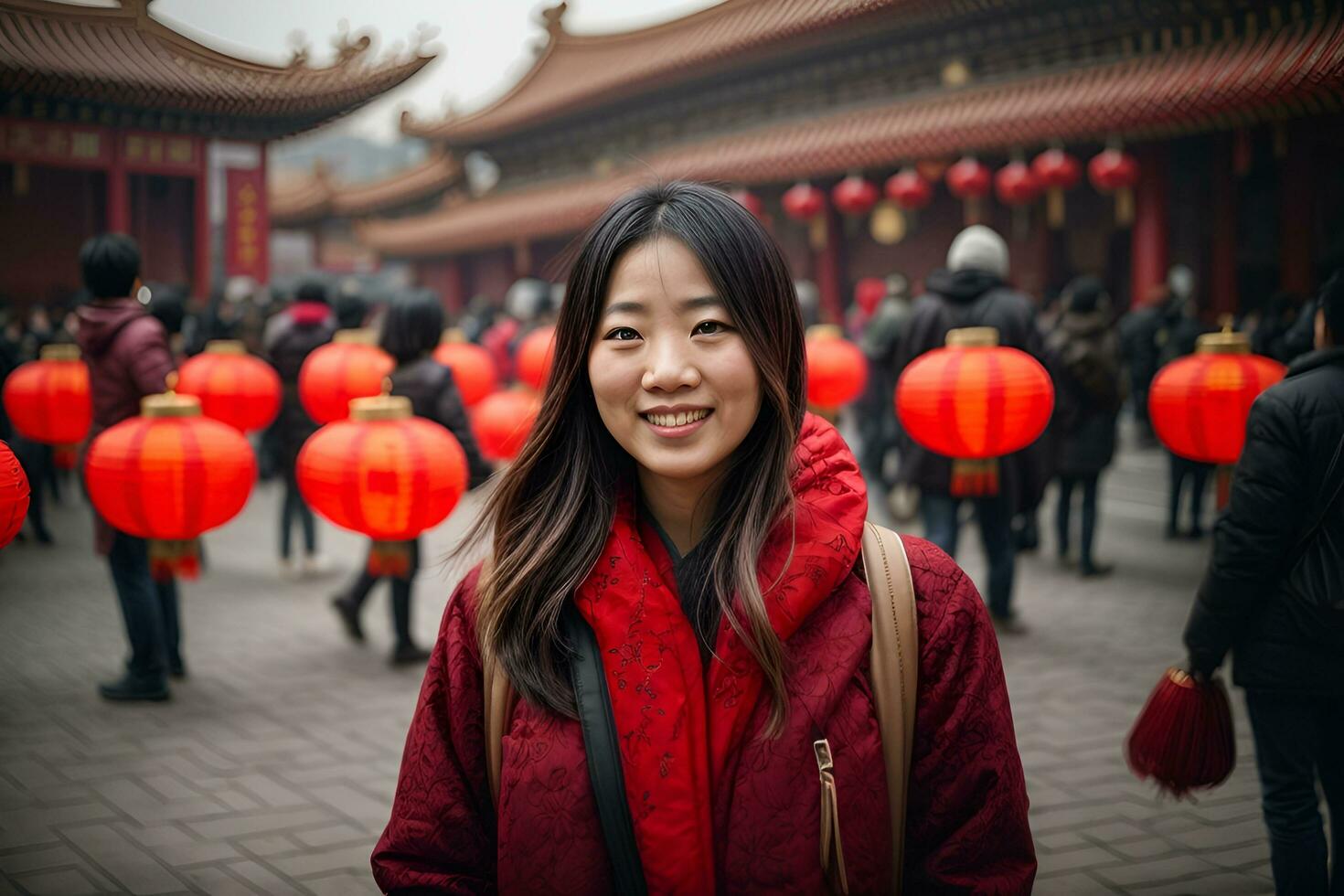 ai generado contento turista mujer disfrutando tradicional rojo linternas decorado para chino nuevo año foto