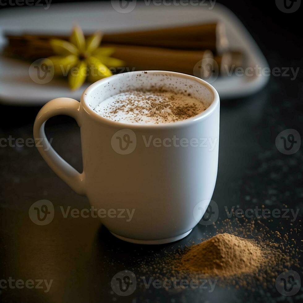 Aromatic coffee with whipped milk foam sprinkled with ground cinnamon. Close-up photo