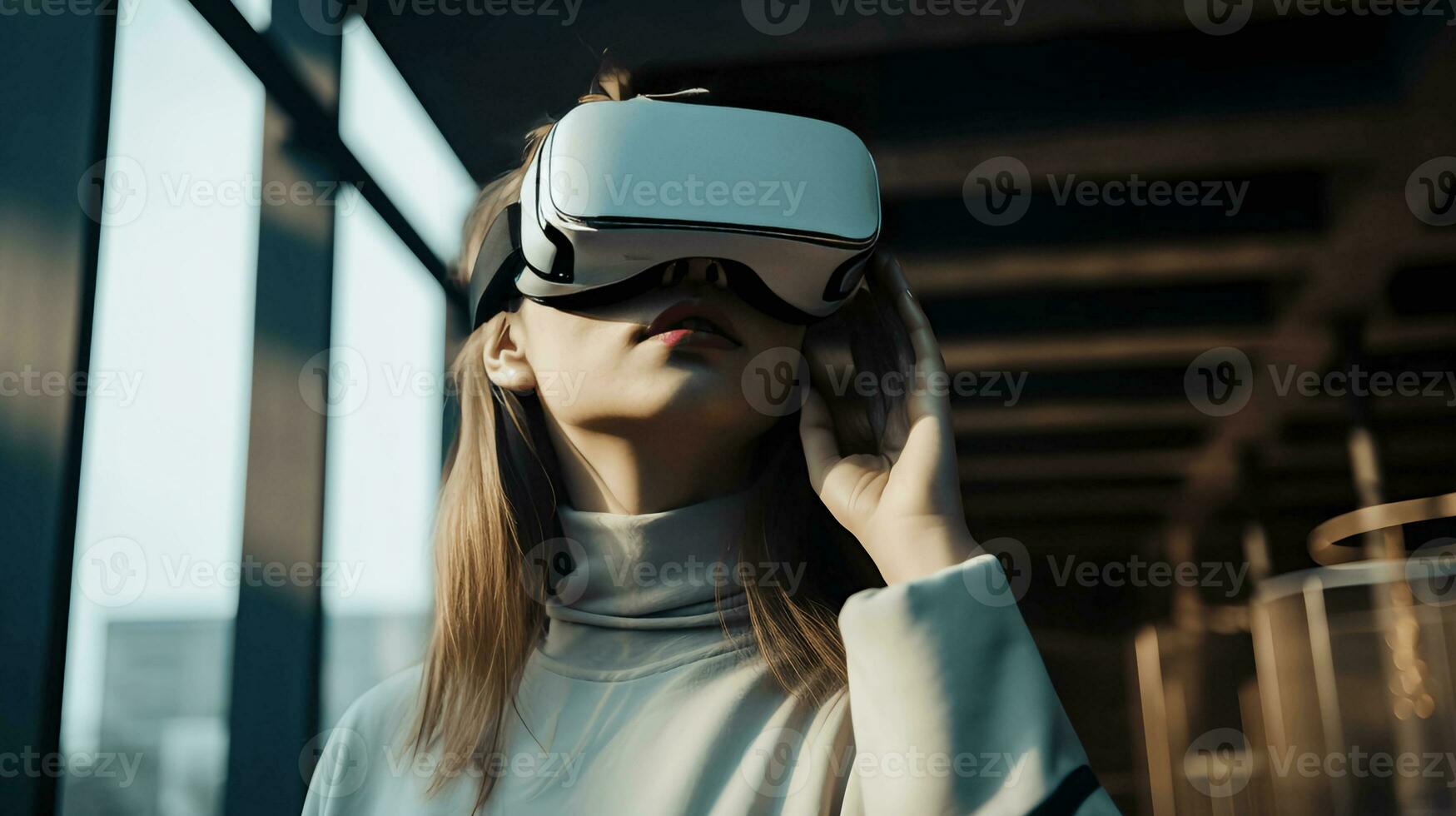 AI Generated Innovative technologies woman experience using VR headset virtual reality glasse photo