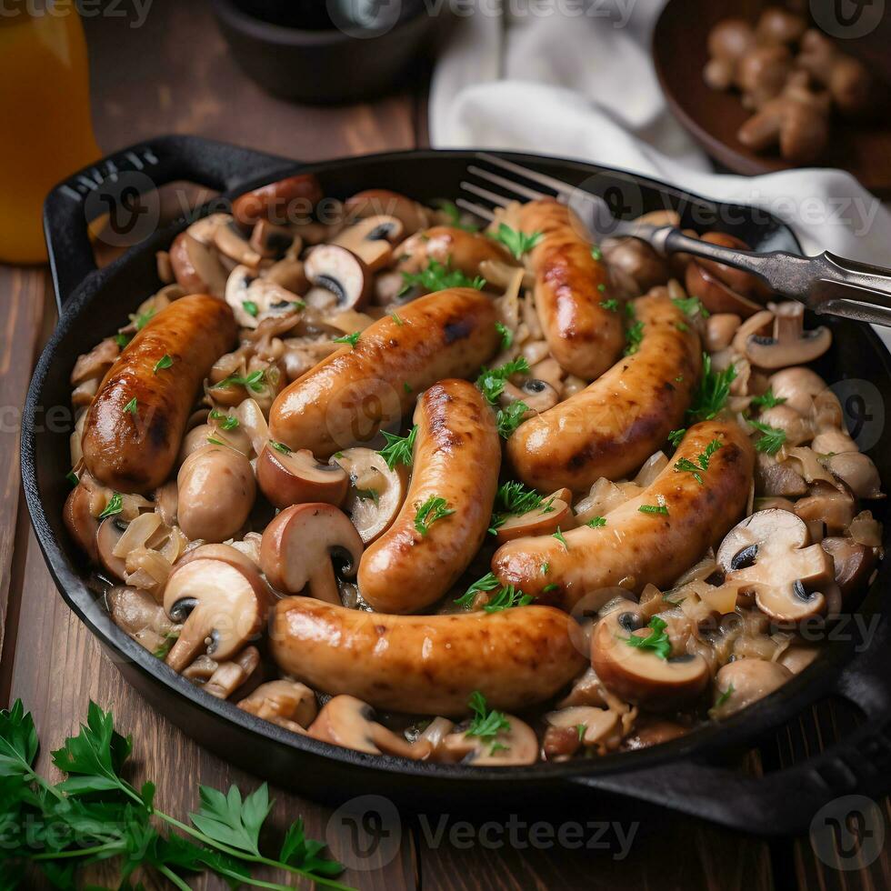 AI Generated Fried sausages with mushrooms and stewed cabbage in a hot pan, a hearty dinner photo