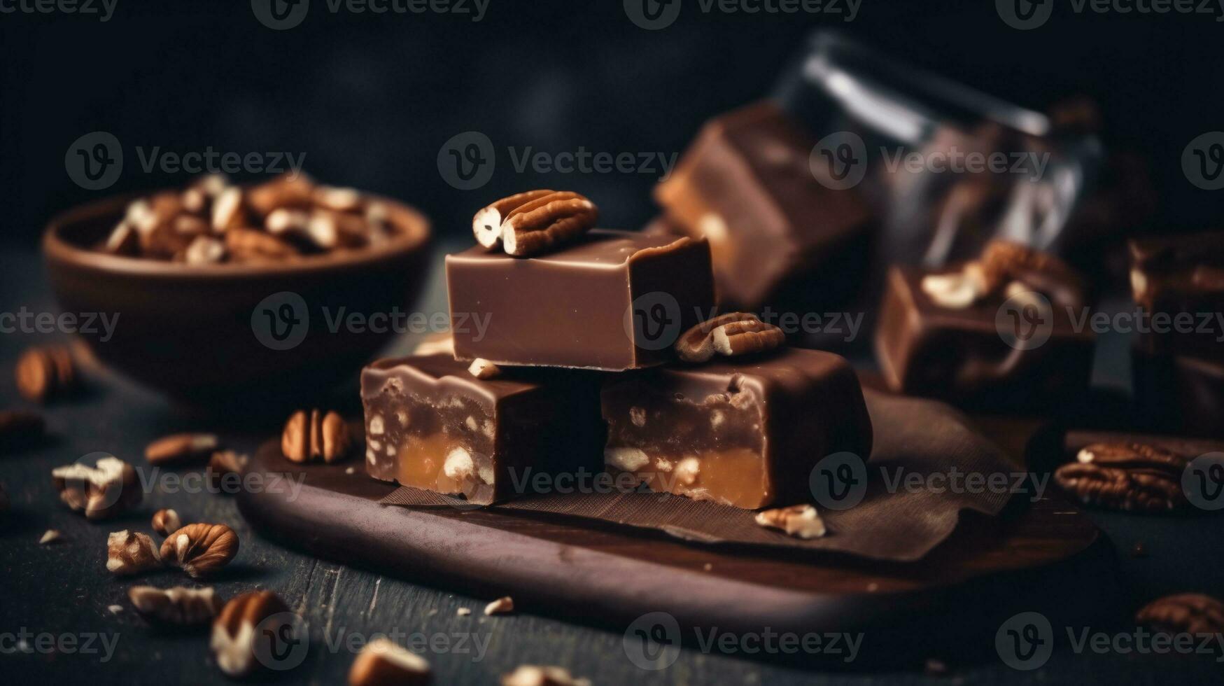 handmade chocolates with nuts on a wooden board on a black background photo