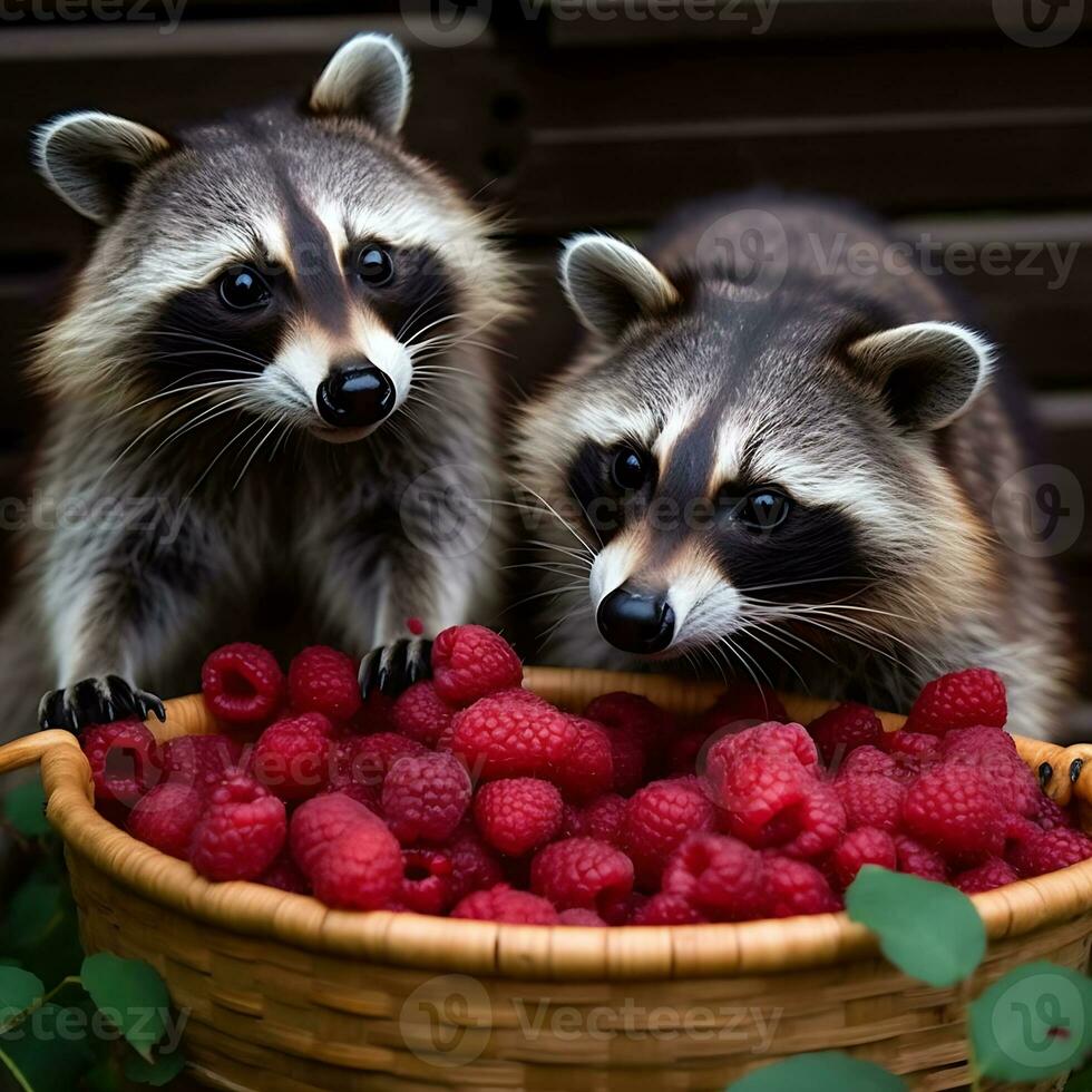AI Generated Two raccoons next to a basket of raspberries. Hold a berry in their paws photo