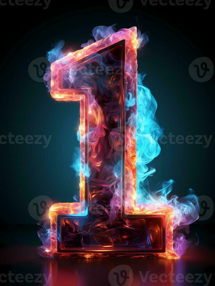 Number 1 in multicolored smoke on black background Insulant blue and pink smoke photo