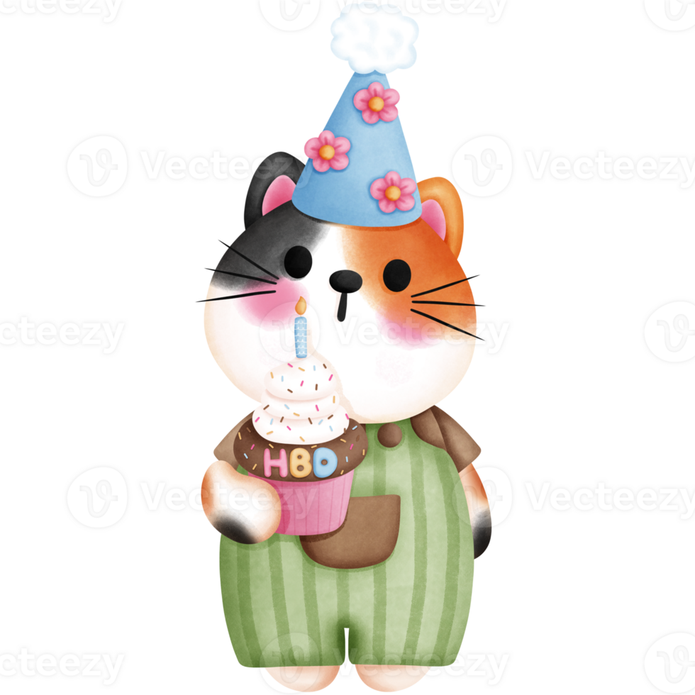 Watercolor cute calico cat with birthday cupcake illustration. Birthday party decoration. png